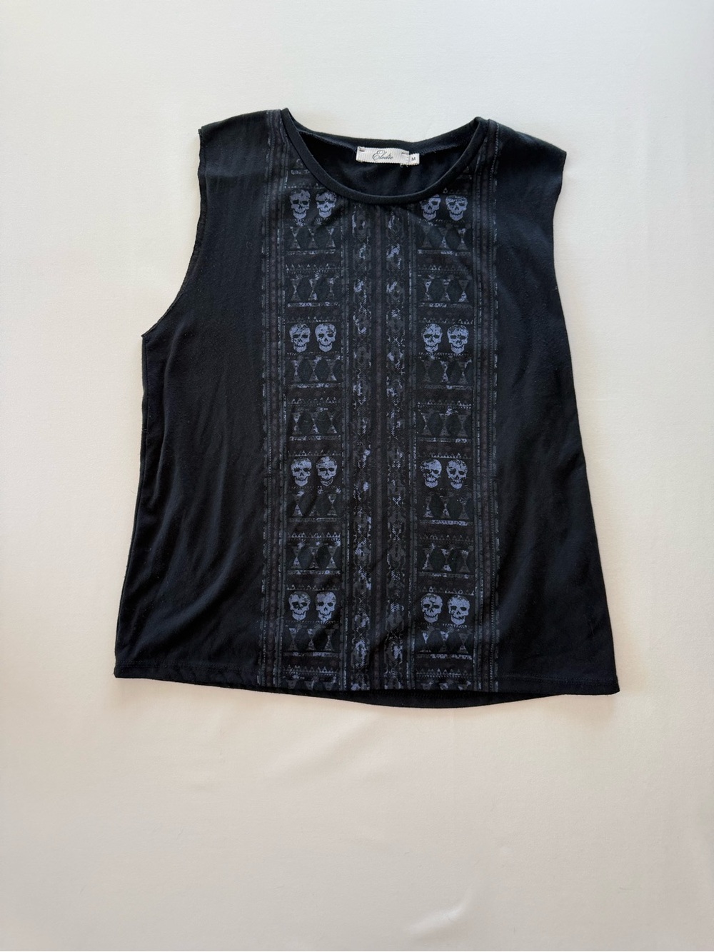 Elodie Black Sleeveless Tank with Skull-Panel Detail